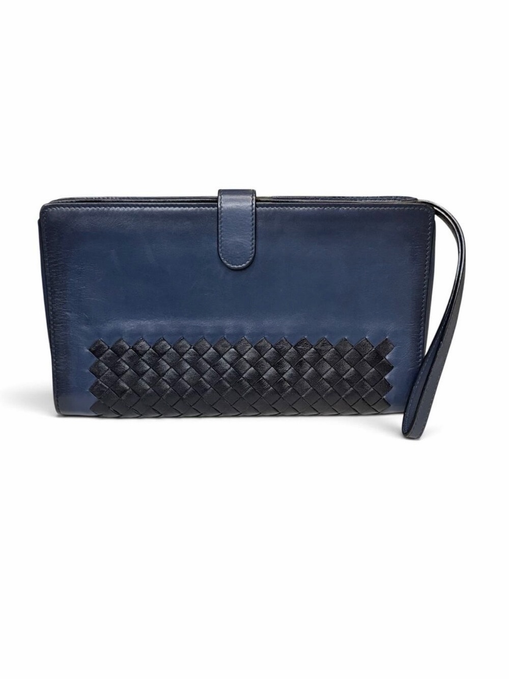 Bottega Veneta Intrecciato Navy Blue Leather Wristlet Clutch Wallet Organizer